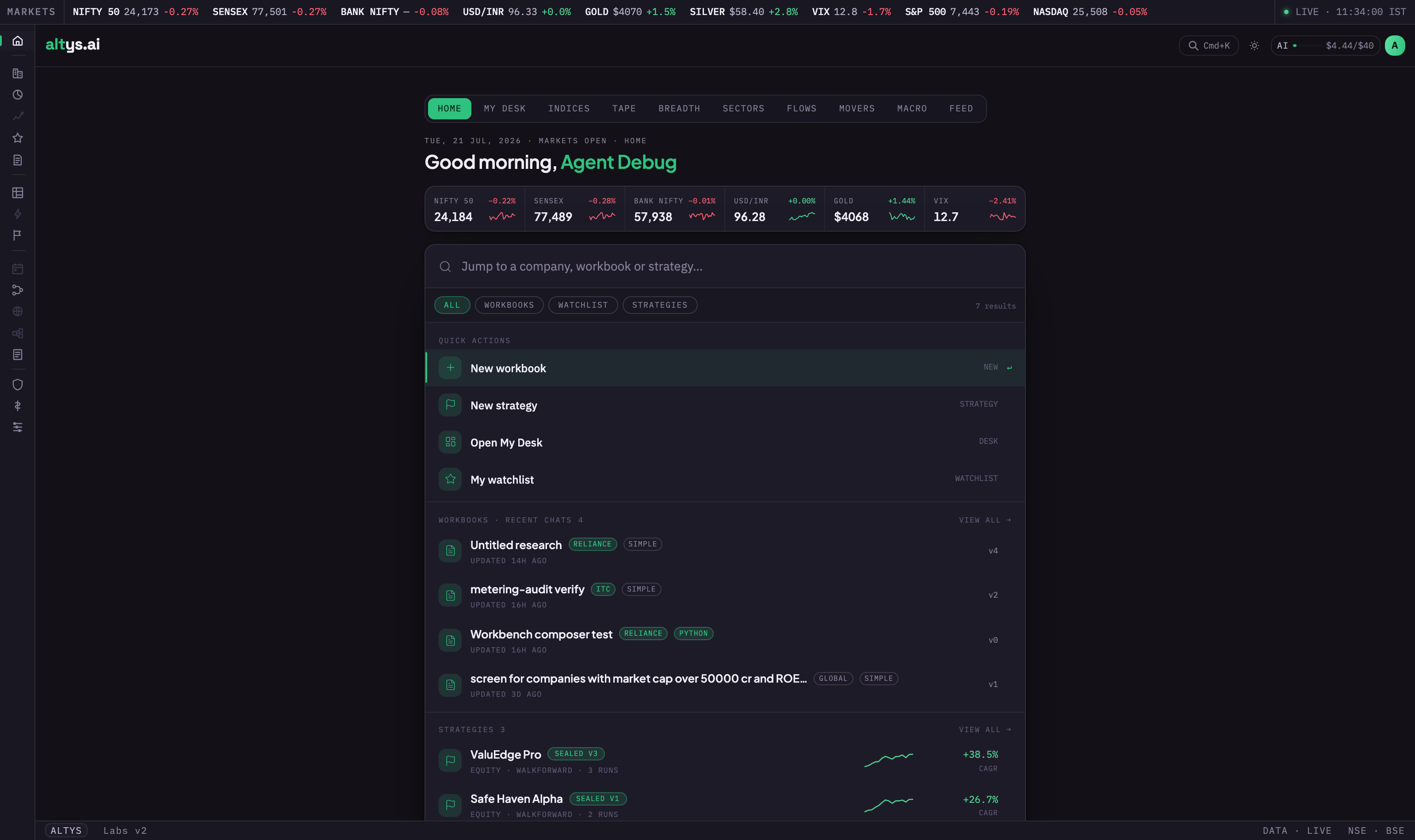 The Altys Terminal home screen with the live market tape, dashboard tabs, and the central search box showing recent workbooks and strategies.