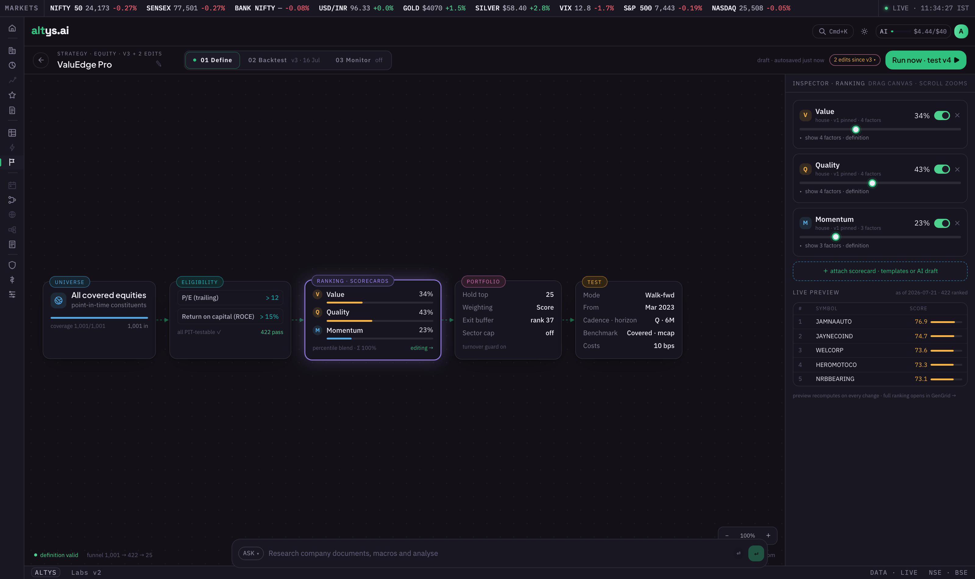 The strategy Define stage showing universe, eligibility gates, ranking scorecards, and a live ranked preview.