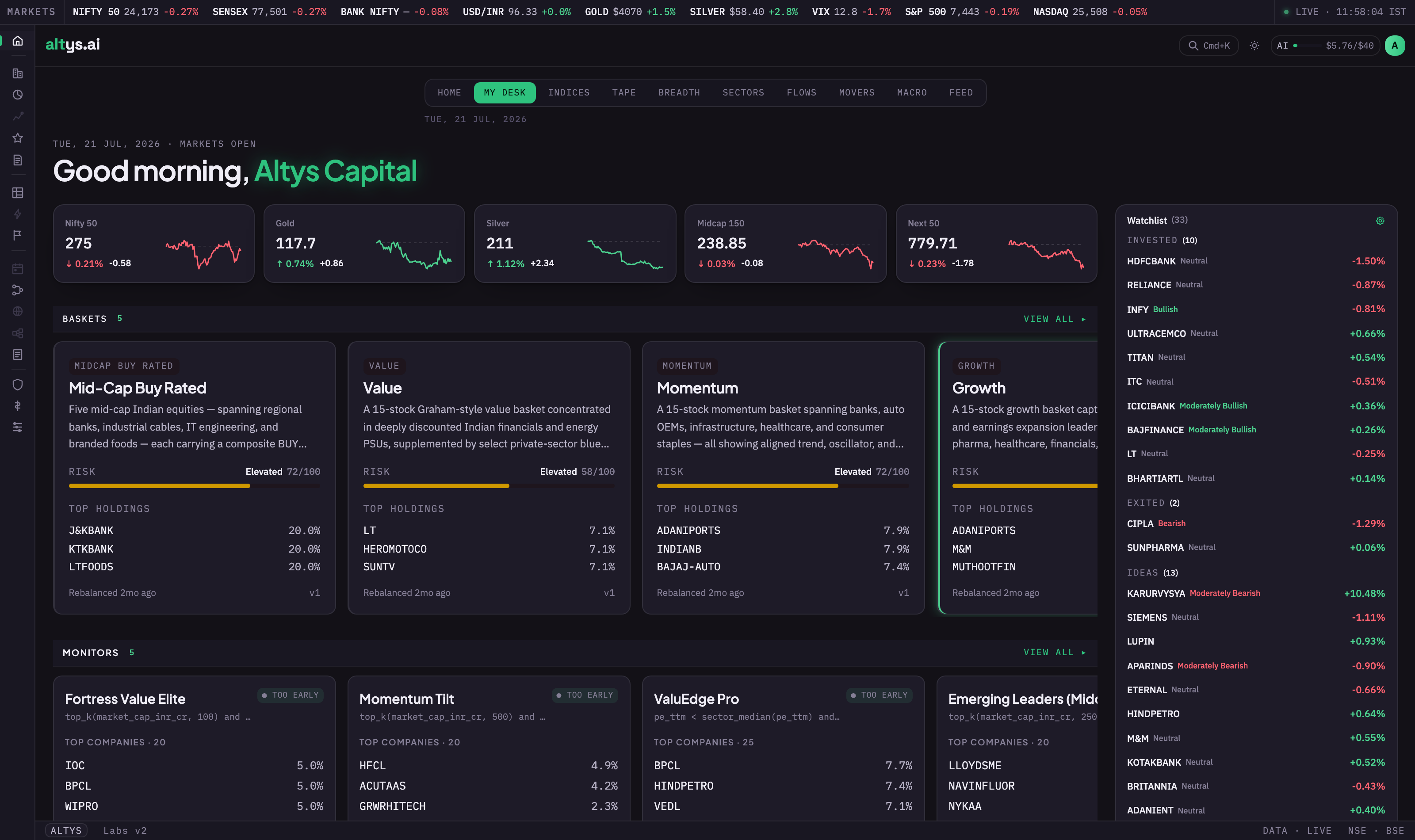 The My Desk tab with index cards, baskets showing risk scores and top holdings, active monitors, and a watchlist rail with stances.